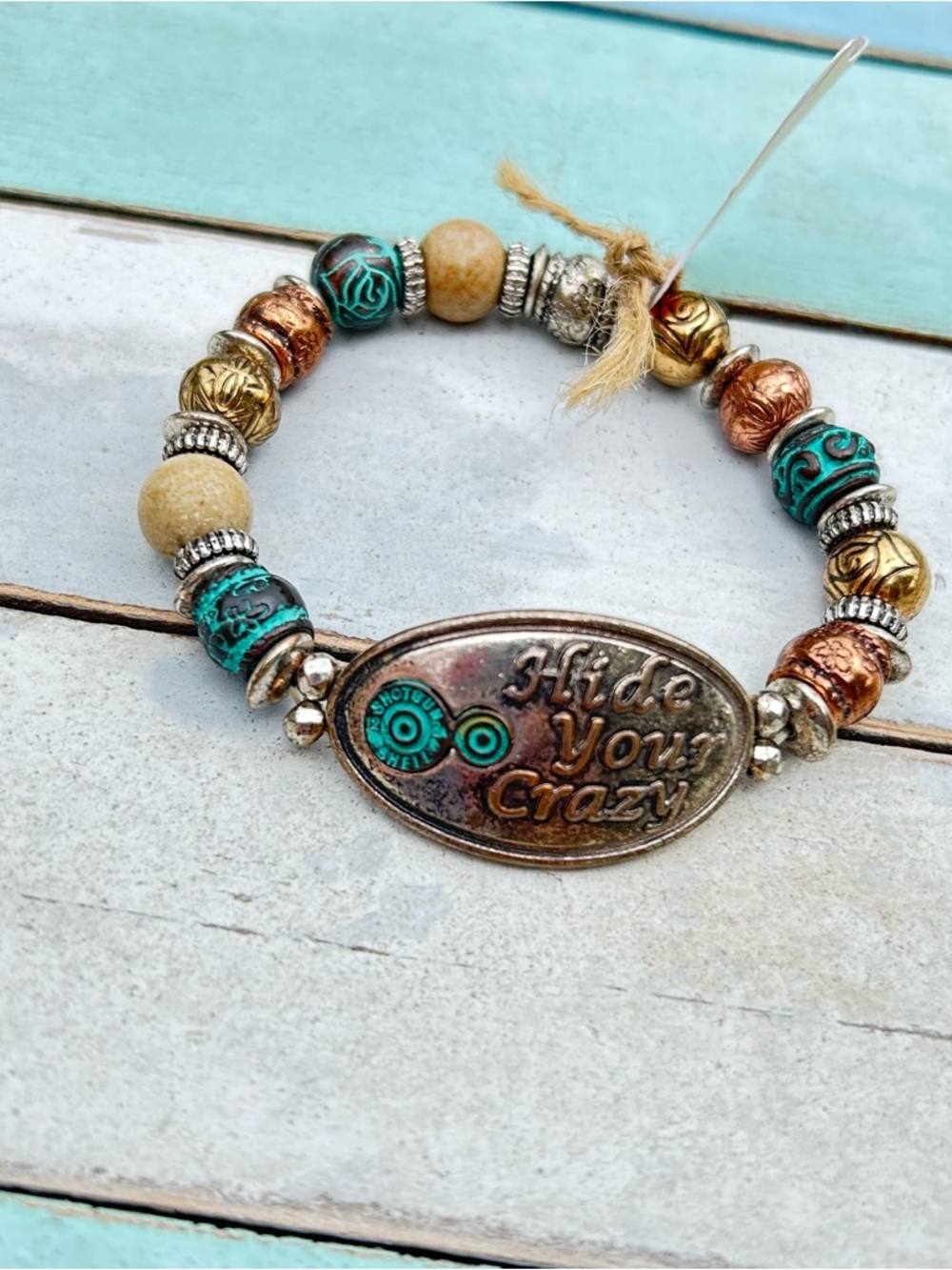 Hide Your Crazy Beaded Stretch Bracelet - Turquoise & Copper - Picture 5 of 6